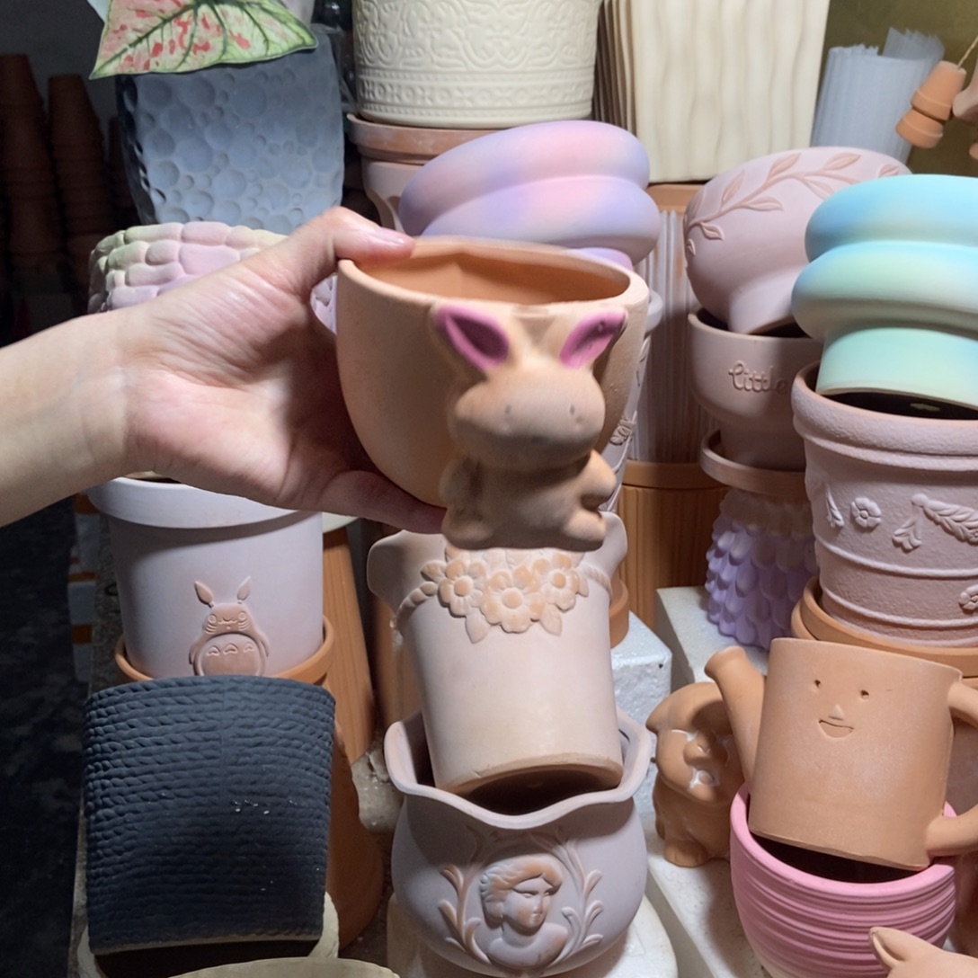 11×8手工彩绘小兔子盆 粗陶1个