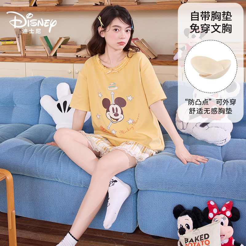 Disney迪士尼夏季套头纯棉短袖短裤带胸垫卡通大码舒适家居服0329