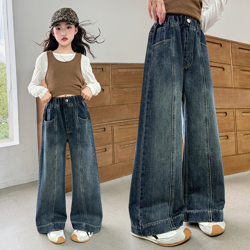 女童裤子春秋款2025新款儿童秋装牛仔裤女孩大童初中生直筒阔腿裤