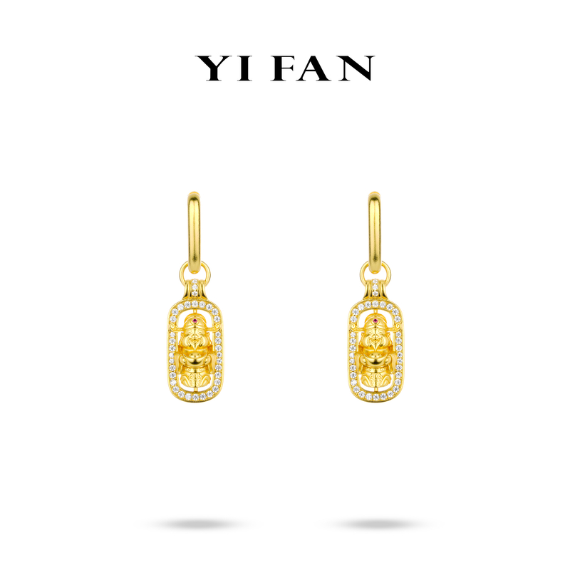 925银合成锆石耳饰 3956-金色雕纹满钻镂空财神豪镶百搭耳环