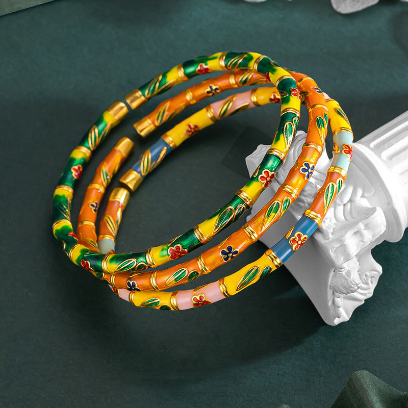 黄铜珐琅手镯 久不掉色竹里梅花手镯女轻奢高级感复古手镯百搭