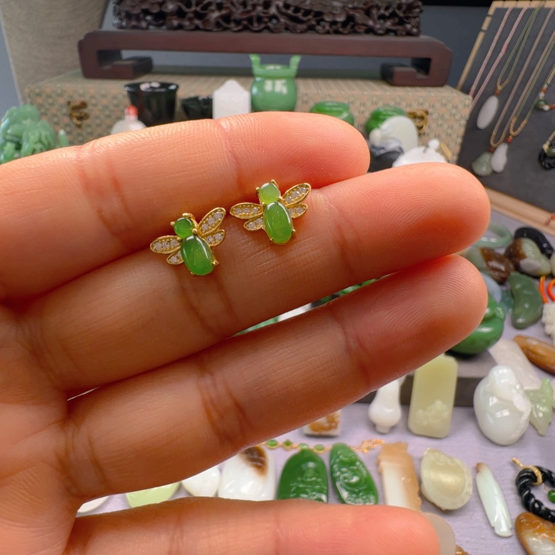 和田玉耳饰银S925镶嵌