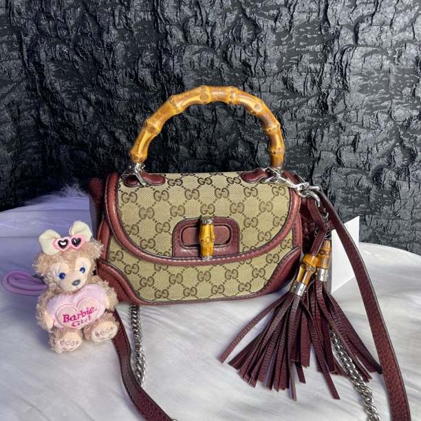 95新 GUCCI/古驰 古驰拼皮老花流苏竹节包斜挎手提包