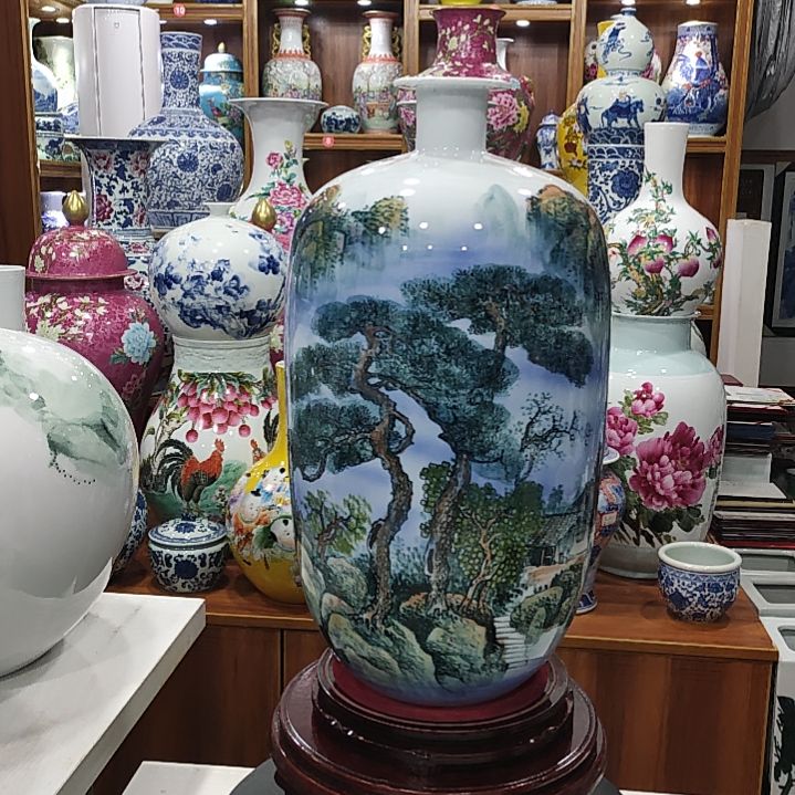 袁***华瓷片景德镇陶瓷山水冬瓜瓶