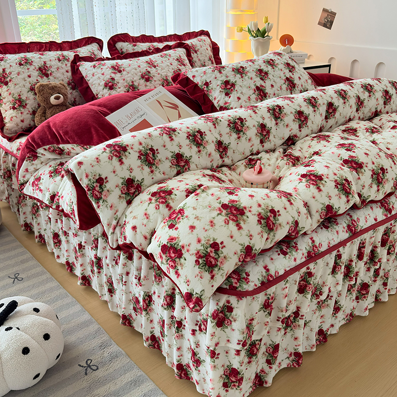 冬季夹棉加厚牛奶绒床裙四件套公主风双层花边床罩双面绒保暖套件