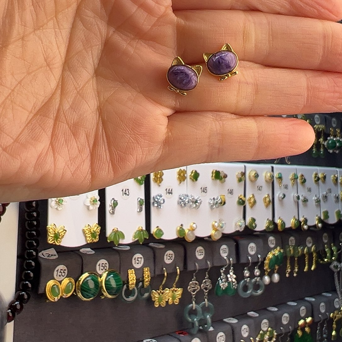 和田玉未镶嵌耳饰通体纯银天然紫龙晶耳钉