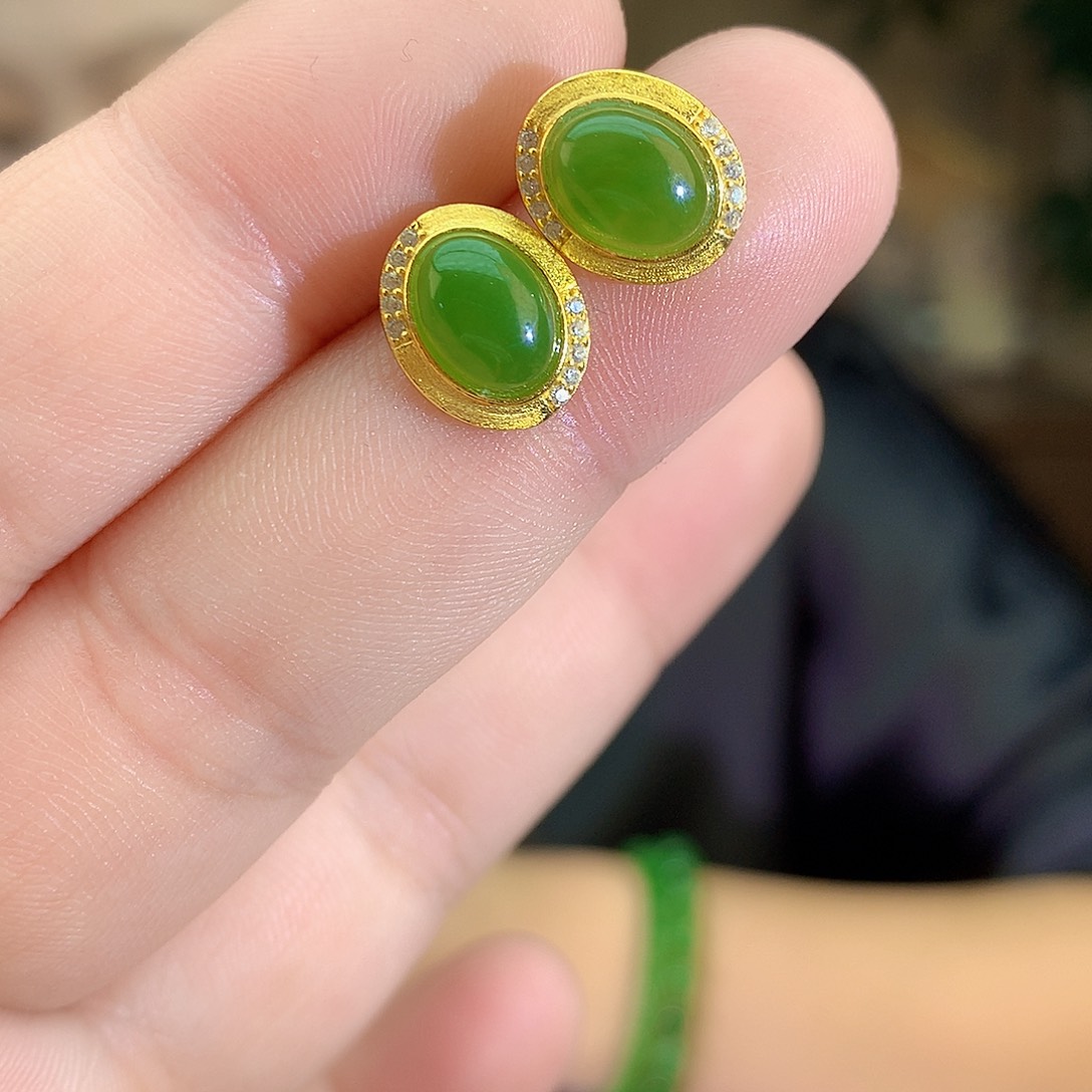 吊坠(不含链)银S925镶嵌和田玉（碧玉）耳饰