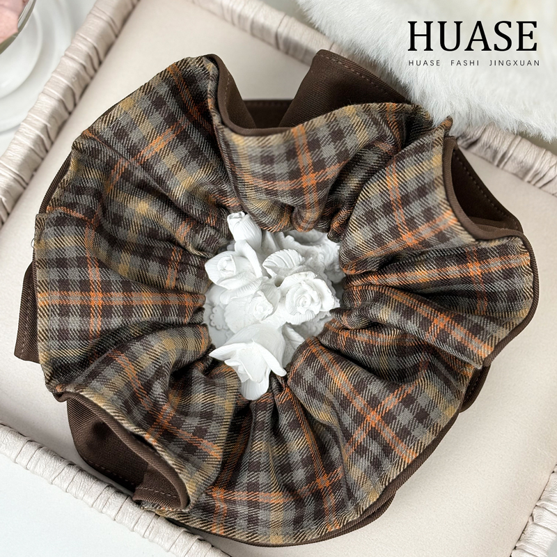 秋冬新款法式格子大肠发圈小蛮腰四层毛呢发饰丸子头扎发女生配饰