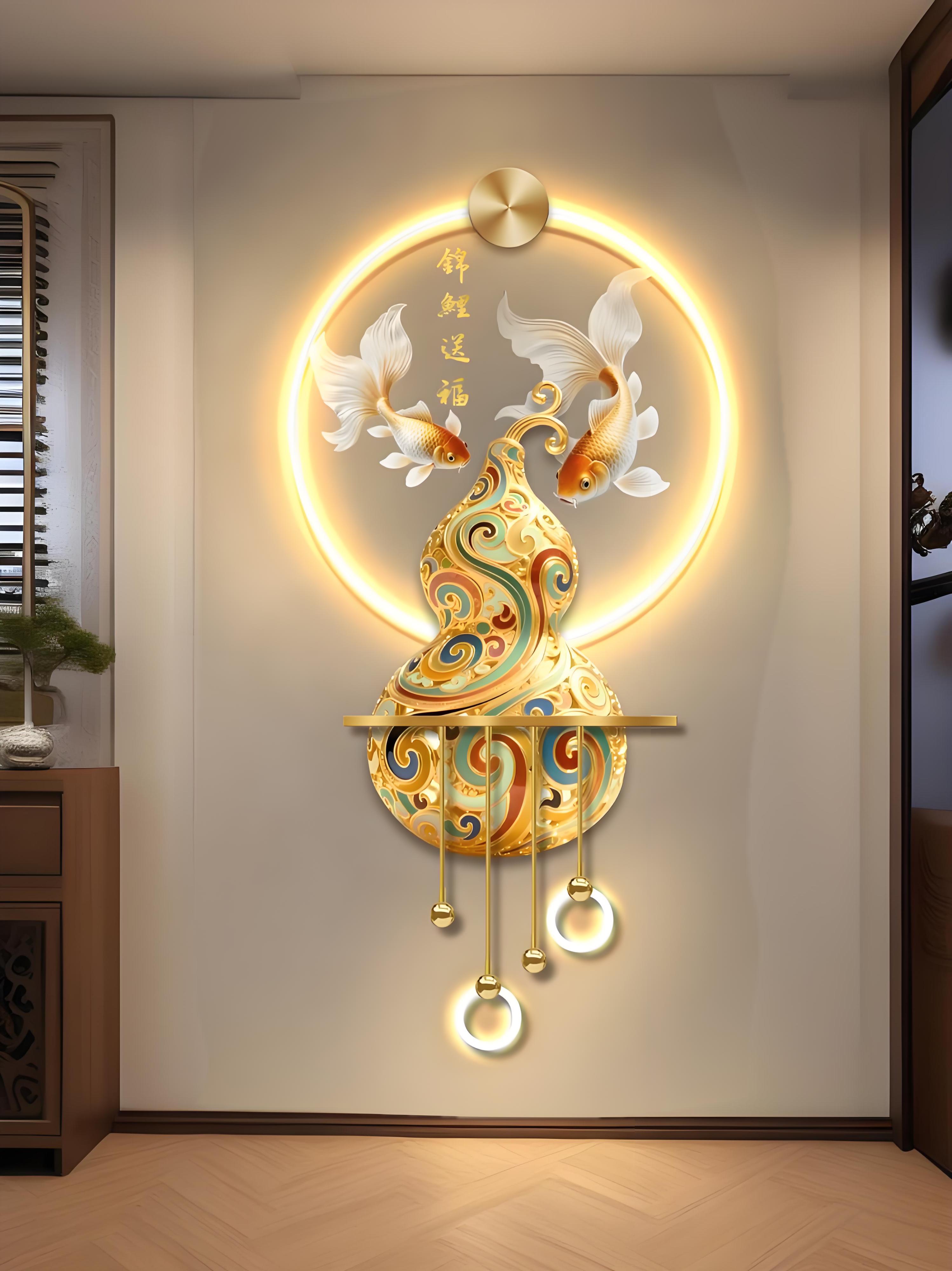 锦鲤送福新中式玄关装饰画茶室宋时美学挂画书房布置禅意高级壁画