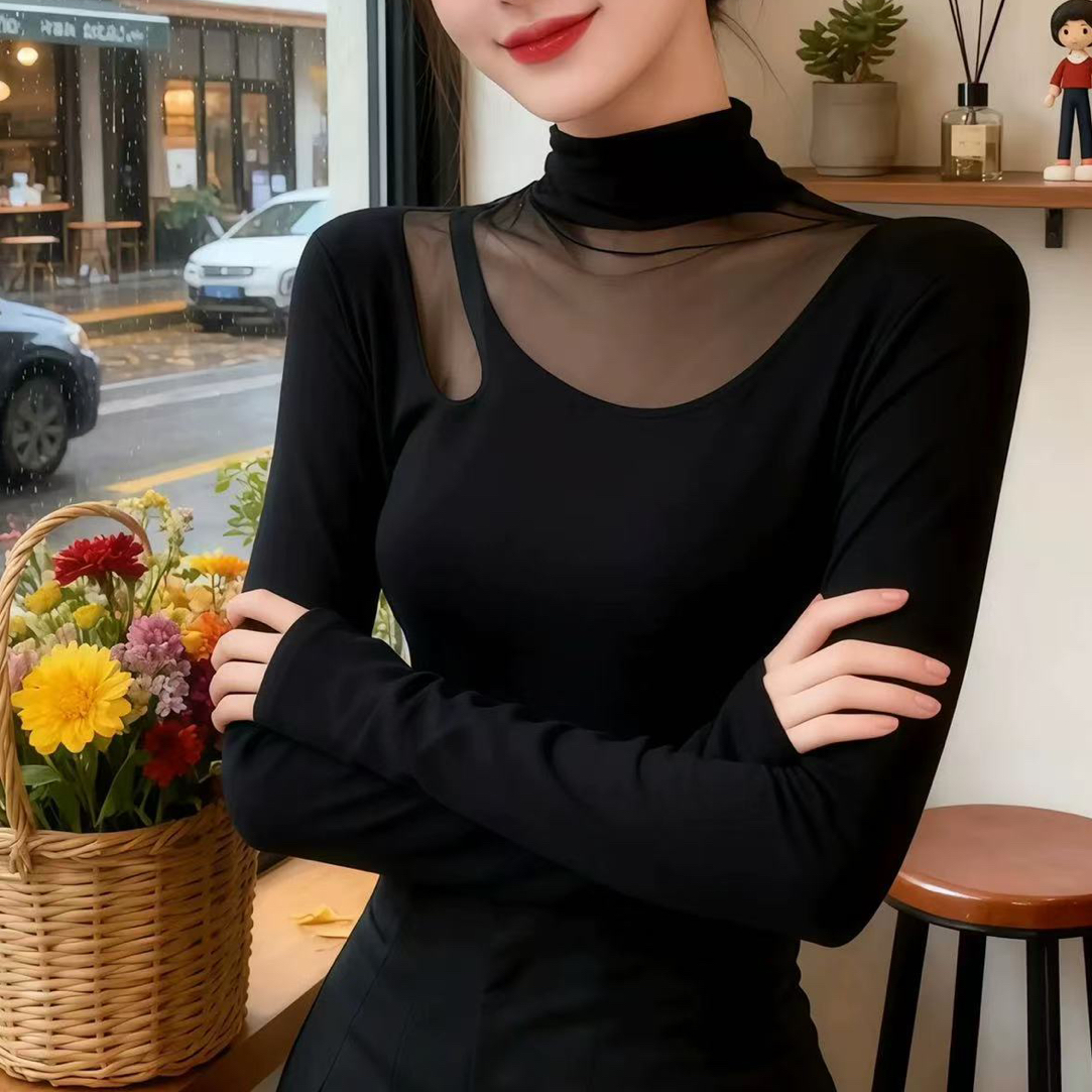 【海南肉丝】8855时尚网纱拼接修身上衣