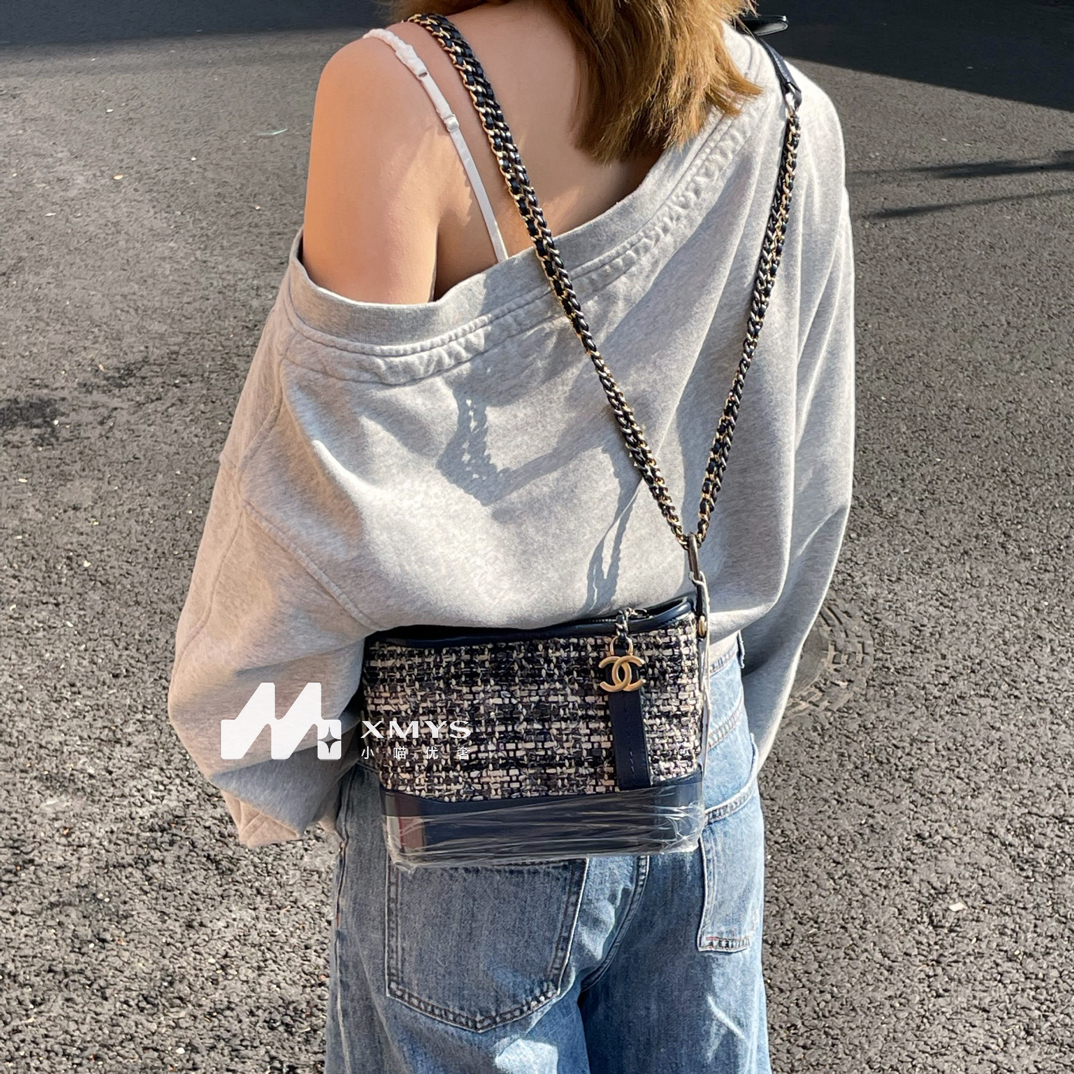 95新 Chanel/香奈儿 深蓝色粗花呢小号流浪包单肩包25开 15/20/8