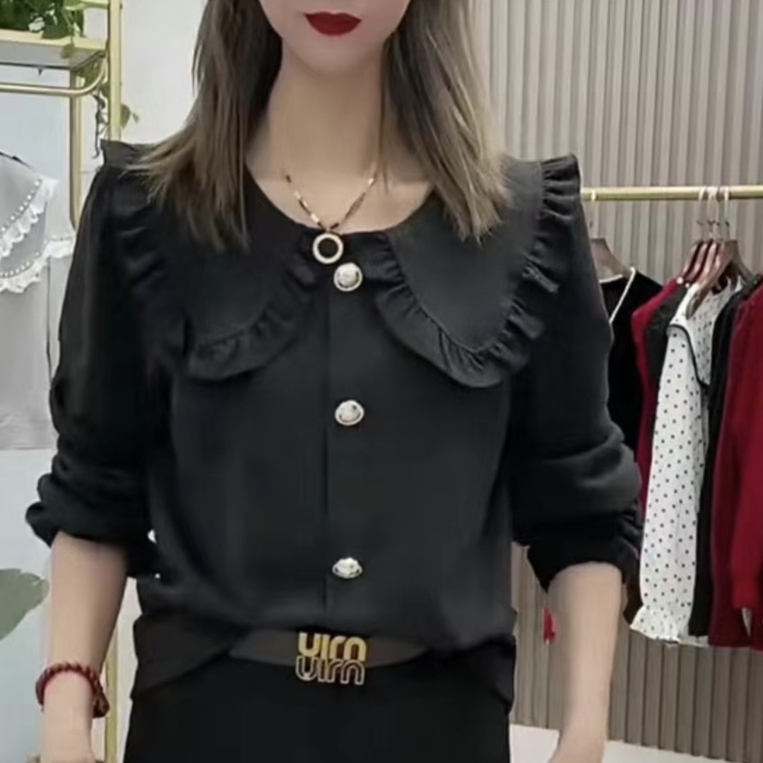 时尚百搭宽松显瘦洋气减龄气质韩版纽扣娃娃领设计纯色打底衫女