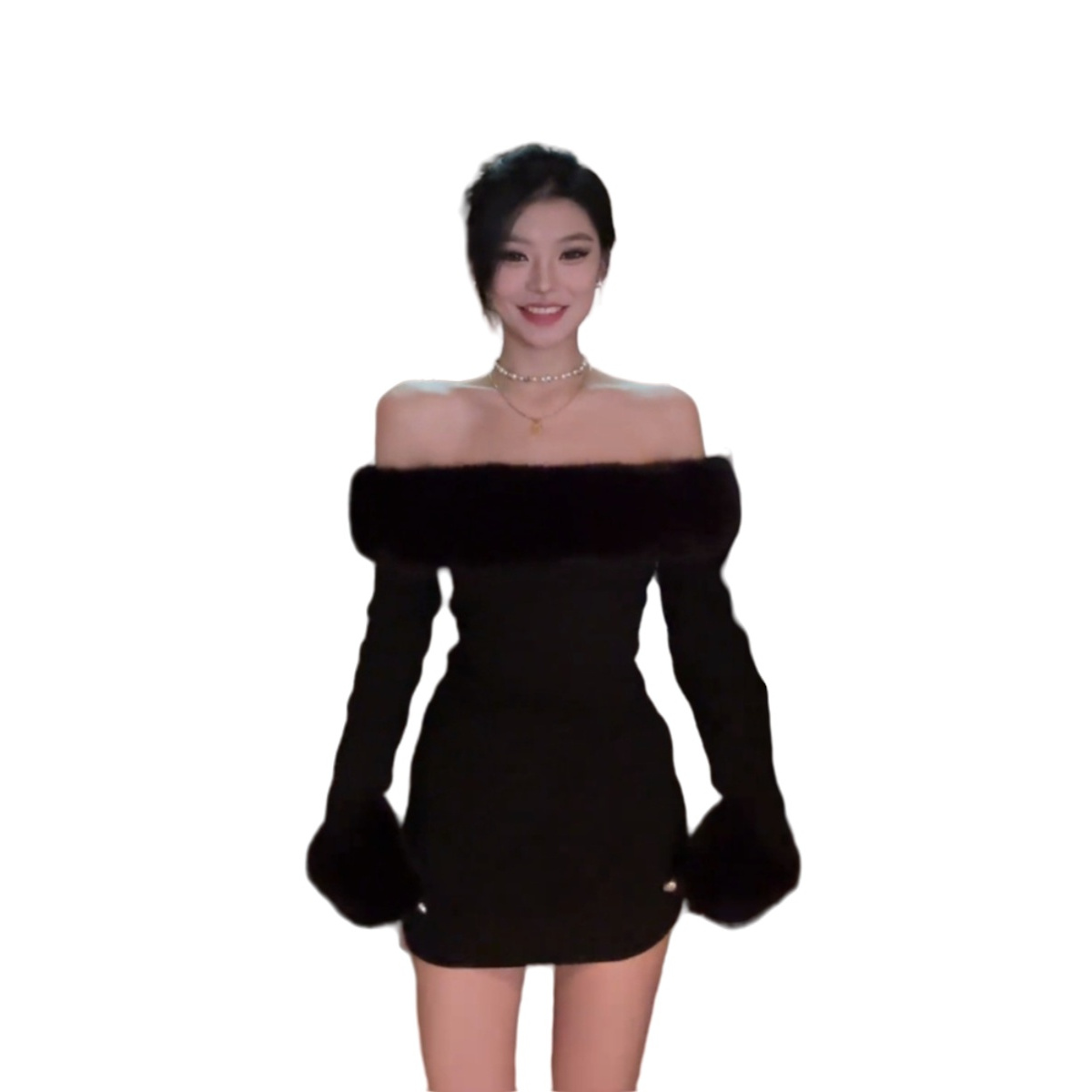 PMKDE||纯欲性感毛毛一字肩连衣裙收腰节日战袍红色包臀裙短裙