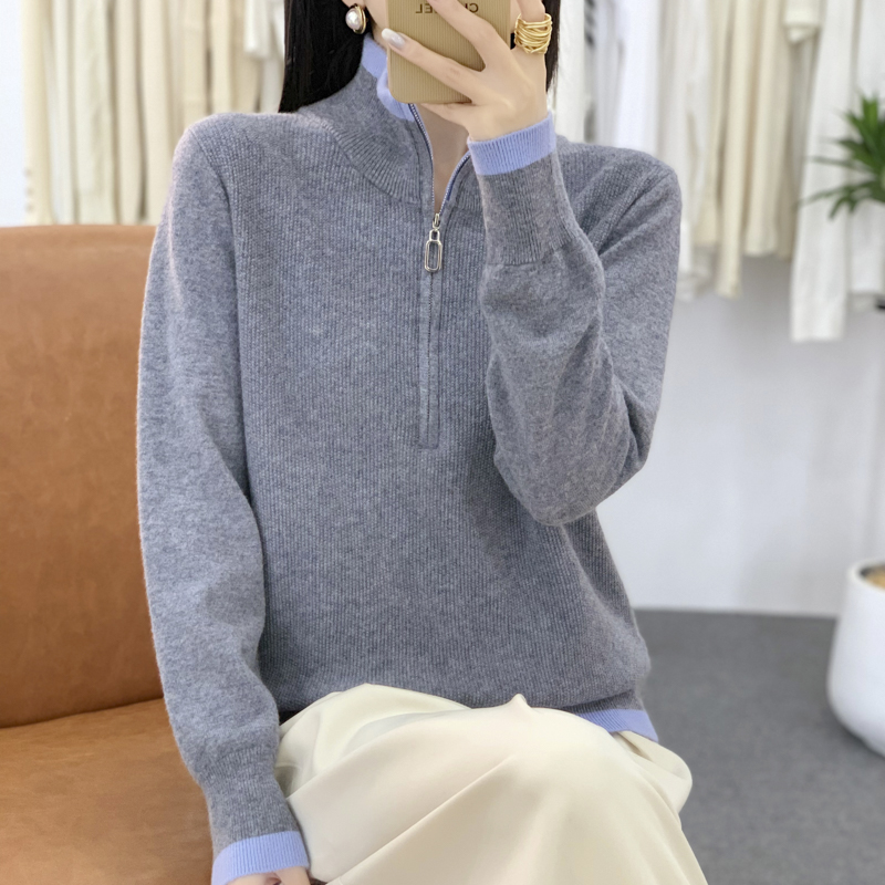 秋冬新款高领拼色加厚拉链羊毛衫女时尚百搭长袖