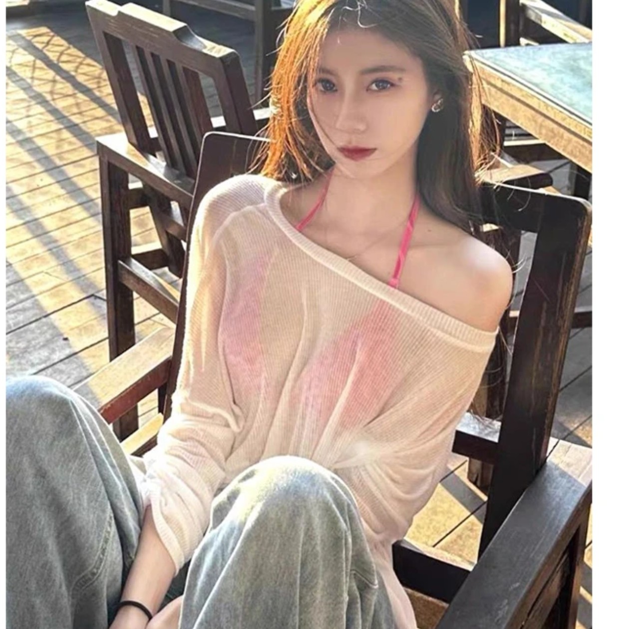 比基尼百搭外套长袖防晒遮肉斜间微透宽松打底衫T恤