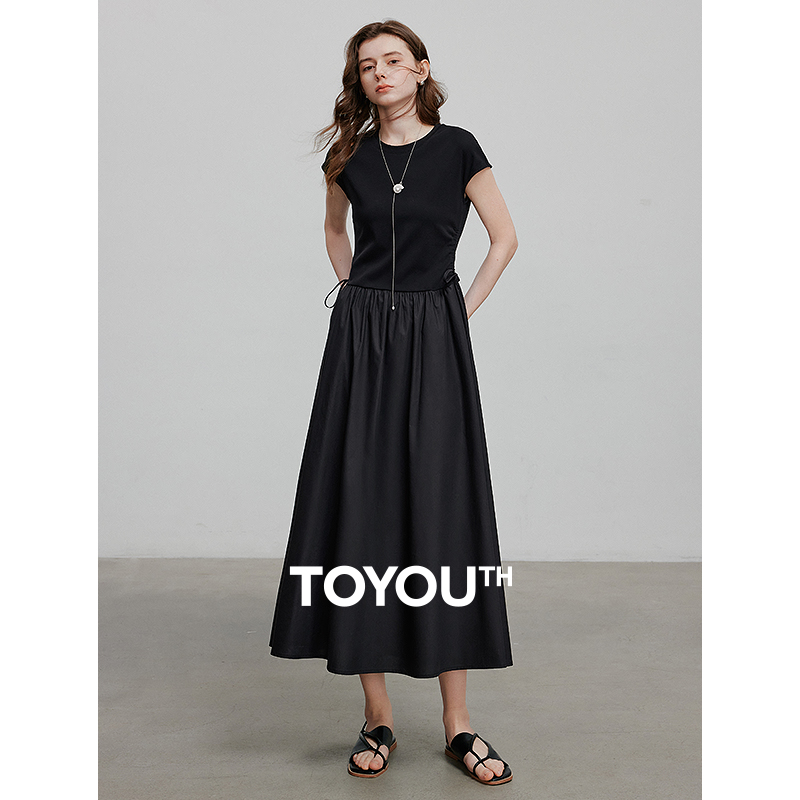 【强哥专属】初语拼接设计莱赛尔系带收腰显瘦T恤裙8529023