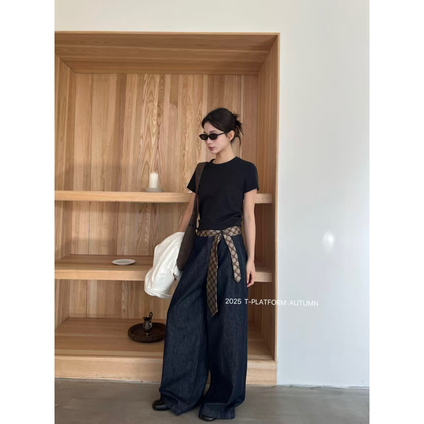 TT 福（1tt83222#）复古腰带丝巾款！普洗蓝阔腿牛仔裤10-20