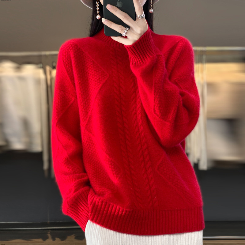 秋冬重磅加厚纯羊毛衫半高领毛衣女宽松套头绞花针织羊绒打底上衣