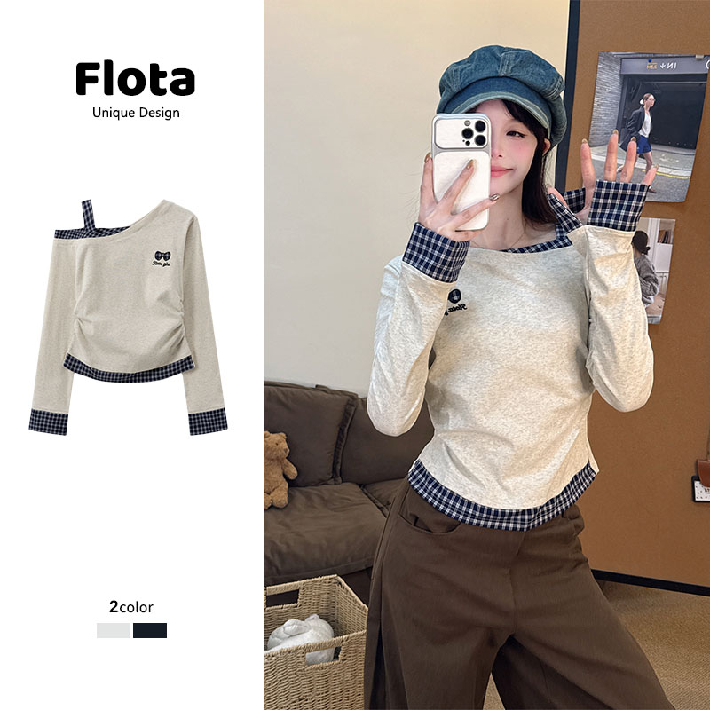 【flota】韩系刺绣格纹拼接斜领女设计感袖口长袖甜妹收腰短款3044