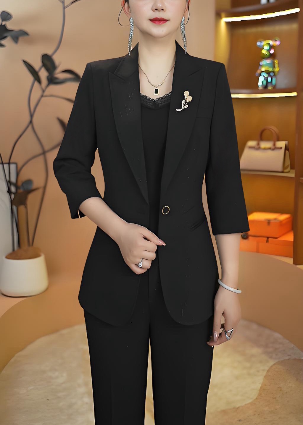 中袖夏季上新闪闪面料黑色气质时尚百搭西装套装轻奢高品质职业装