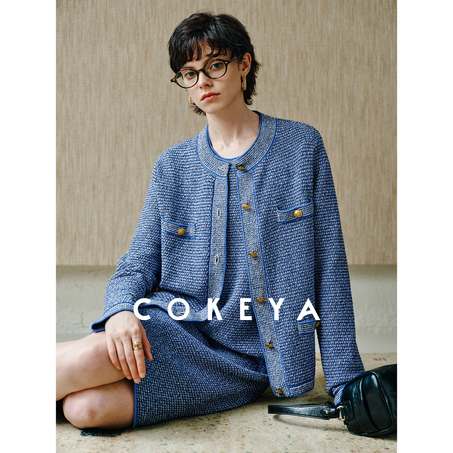 COKEYA/复古“丹宁针织套”~G家蓝调长绒棉圈圈纱针织香风三件套