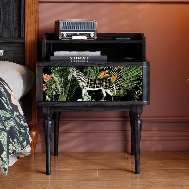 同言实木床头柜法式复古主卧高级感白蜡木黑色床边储物收纳柜