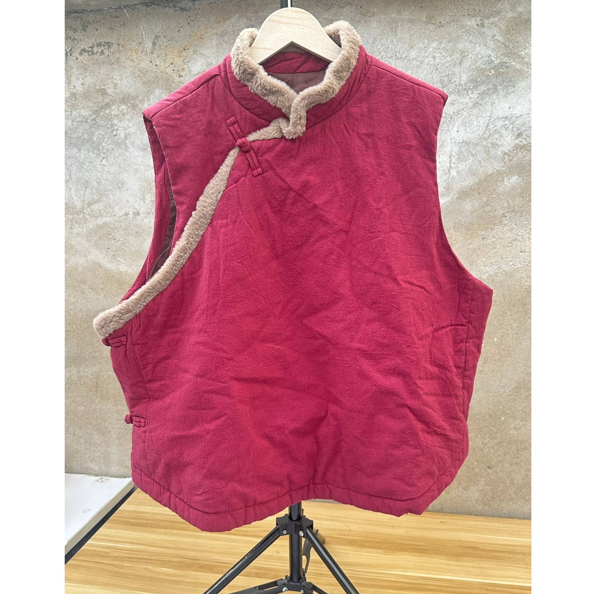 85213 纯亚麻夹棉 毛领中国风盘扣马甲冬季 （衣长63 胸围130）