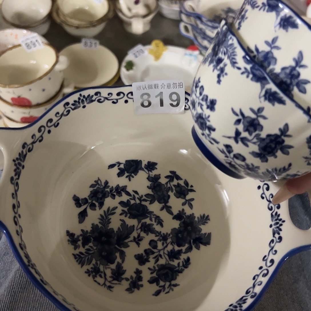 搪瓷微瑕青花双耳加米饭碗两个