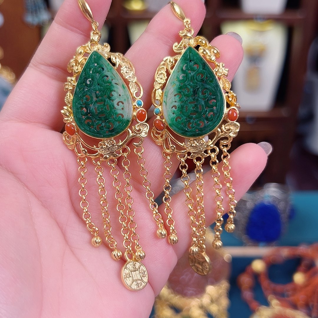 翡翠银S925镶嵌挂件耳环