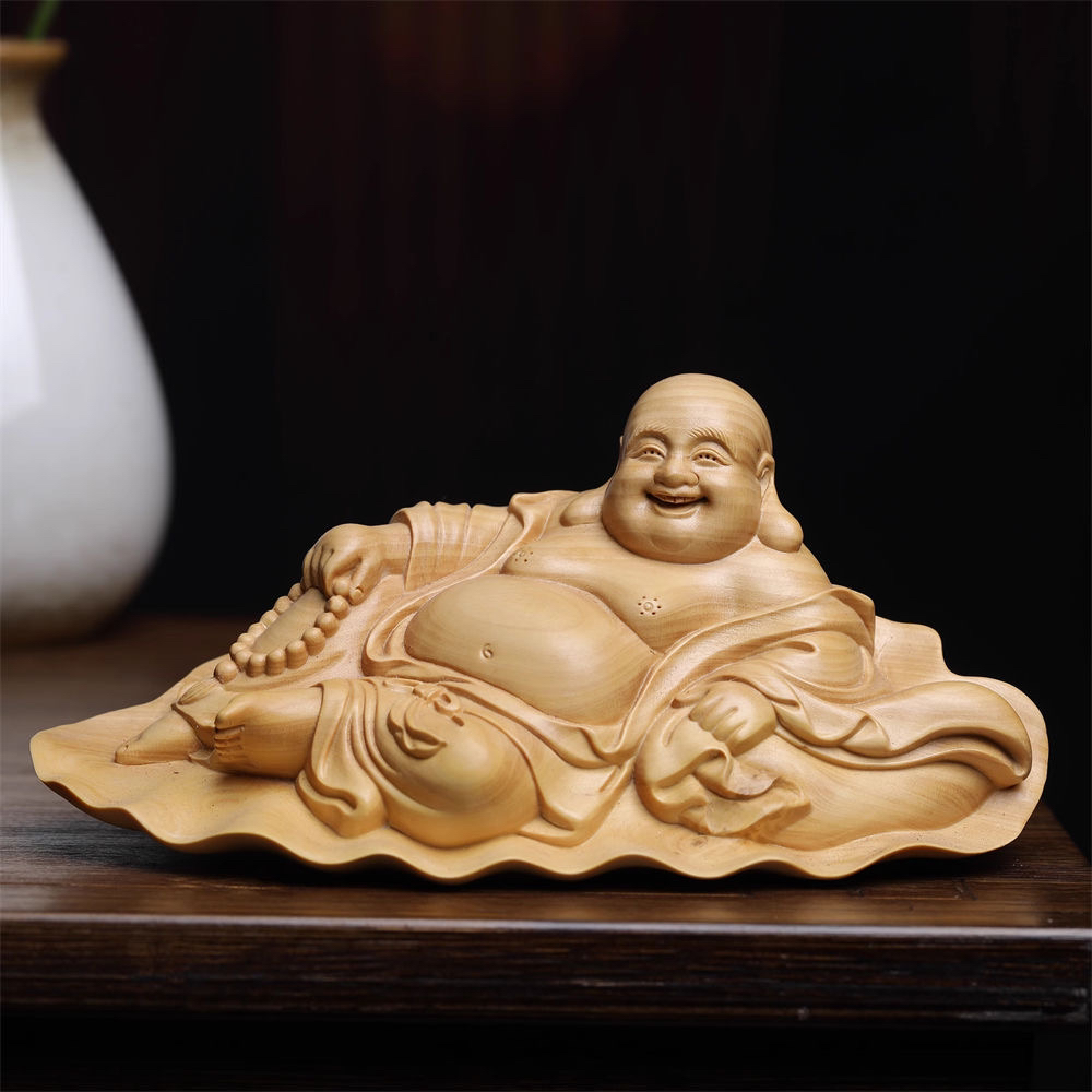 小叶黄杨木实木弥勒笑佛车摆件卧钱袋弥勒家居工艺品雕刻精品摆件