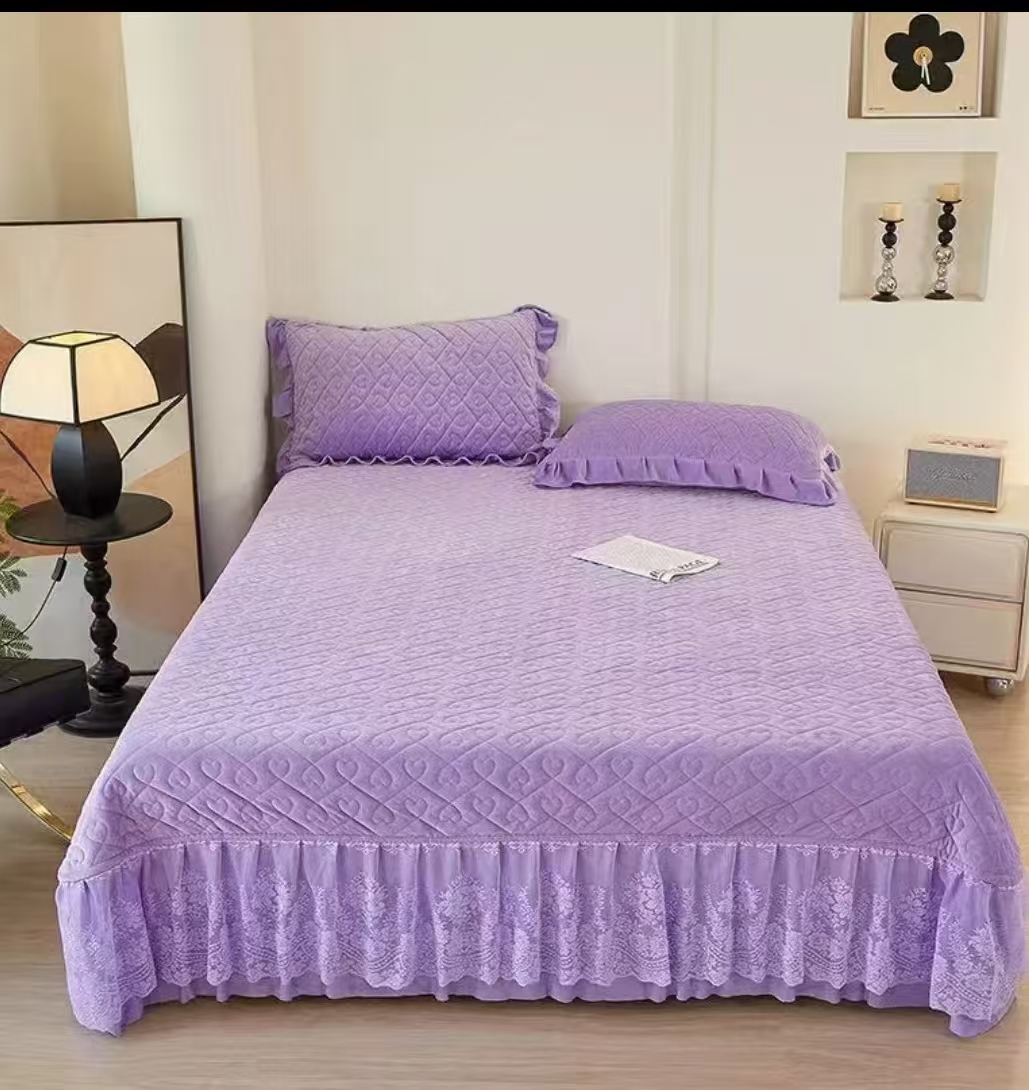 婴儿绒宝宝绒加厚加大保暖防滑夹棉蕾丝花边床裙款床盖可机洗纯色