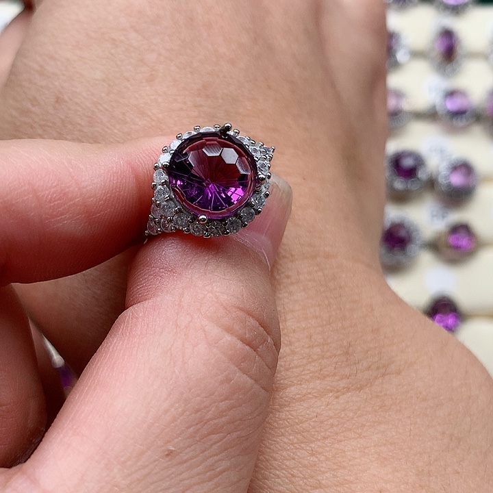 紫晶戒指银S925镶嵌榴***掌