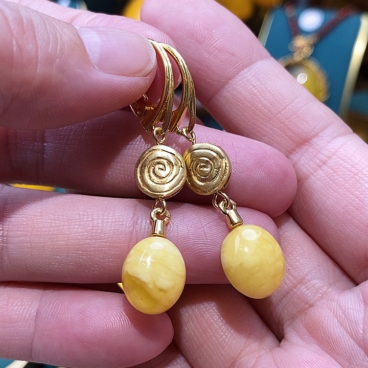 蜜蜡耳饰银S925镀金镶嵌