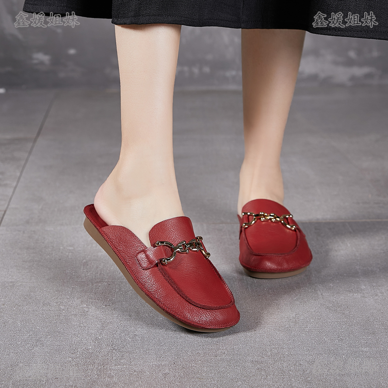 202528真皮包头拖鞋时尚舒适百搭软底平底方头低跟休闲女士鞋拖潮