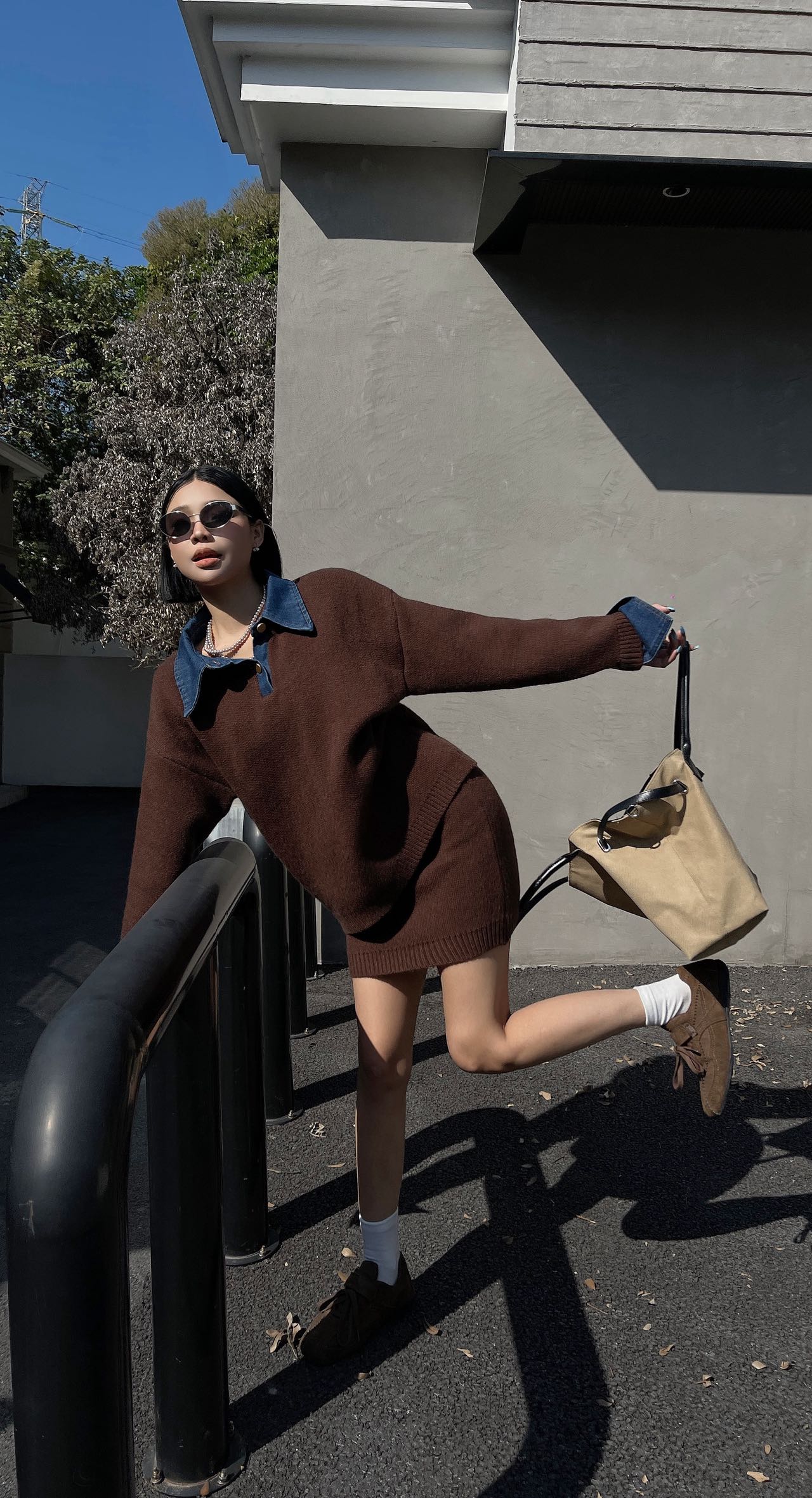 MT DISTORTION牛仔领针织上衣半裙套装秋冬设计款套装女