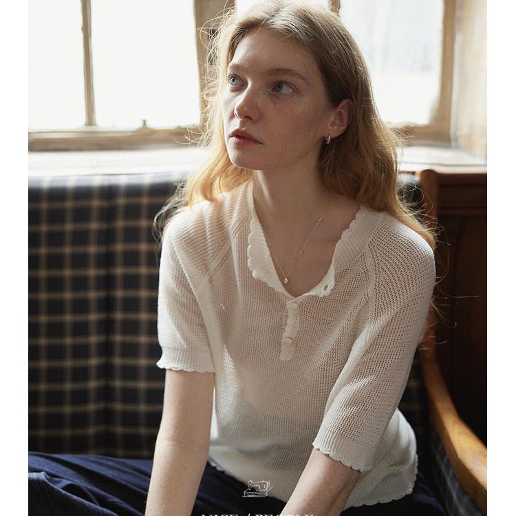 NICE PEOPLE直播 亚麻莱赛尔镂空手钩花边法式短袖上衣针织衫