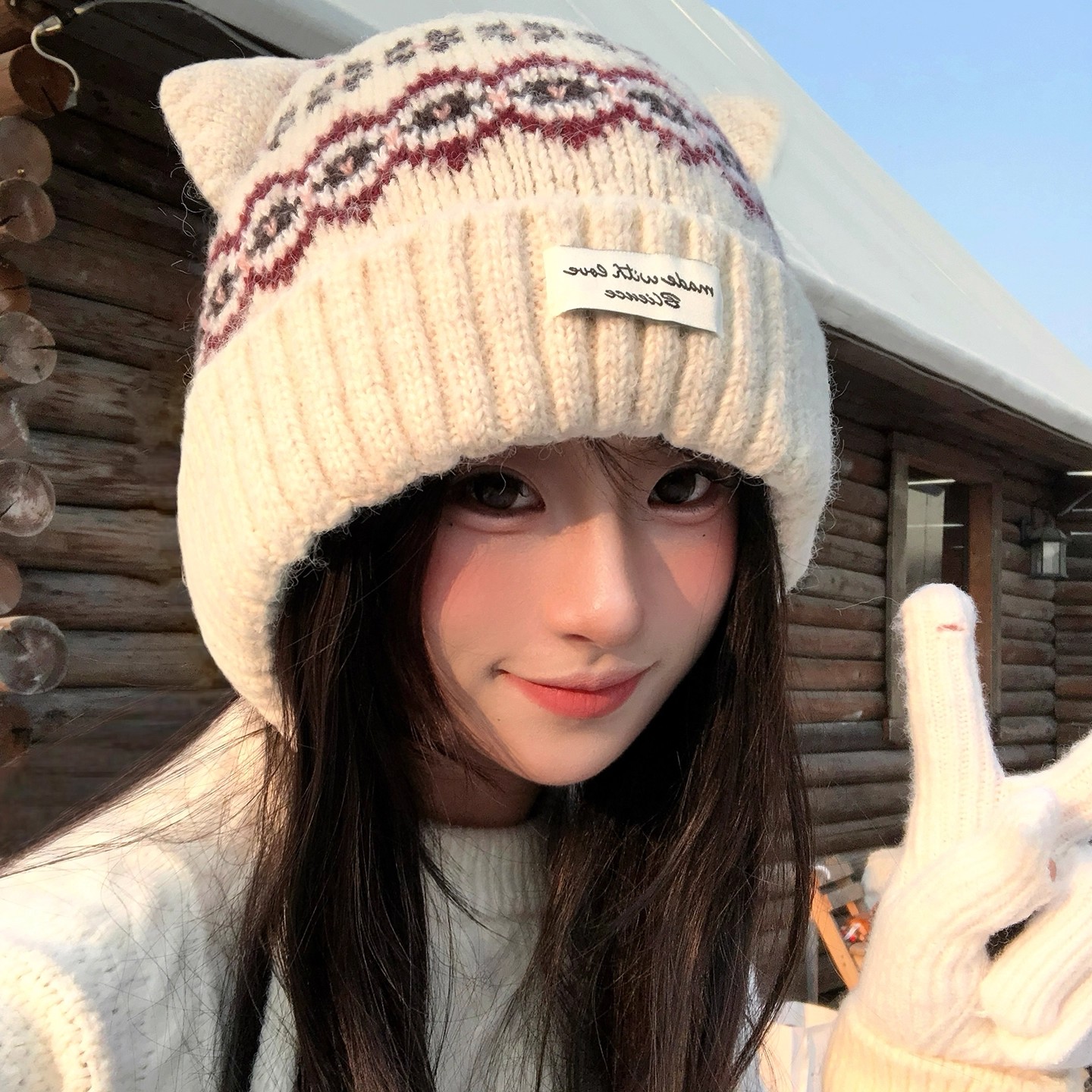 复古提花猫耳朵毛线帽女冬季费尔岛风大头围帽子保暖护耳针织冷帽