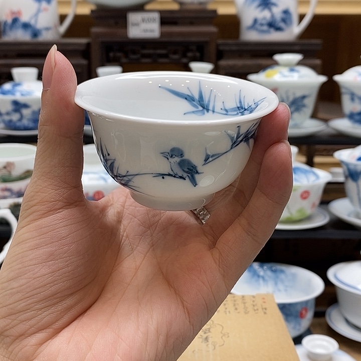 手绘竹雀图压手杯85cc釉下彩微瑕福利款