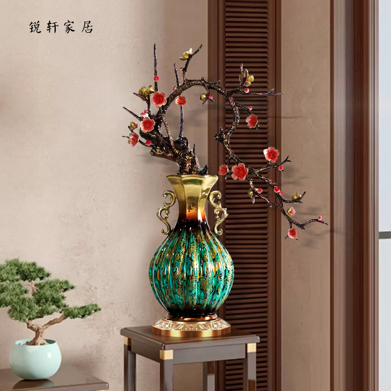 新中式创意梅花花瓶摆件黄铜大漆工艺品摆件家居玄关柜装饰品乔迁