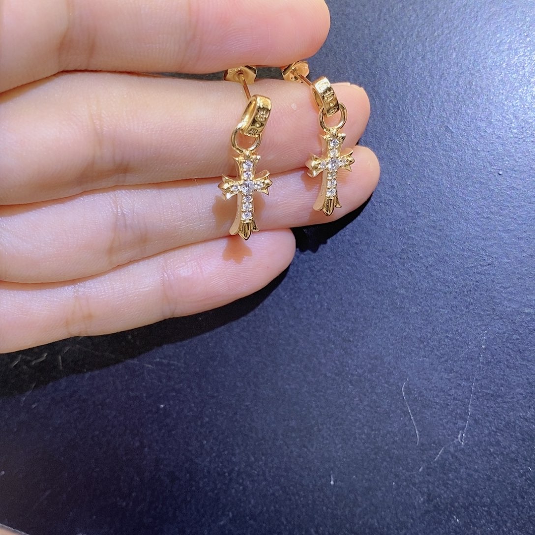 耳饰18K金镶嵌钻石十字架k黄