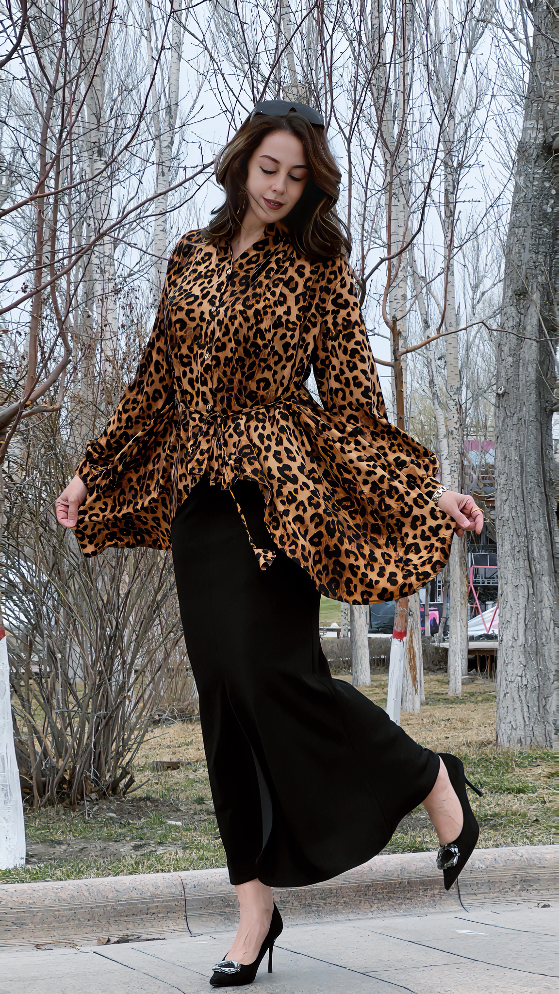 【5903豹纹衬衣和裙子】两件套夏季套装