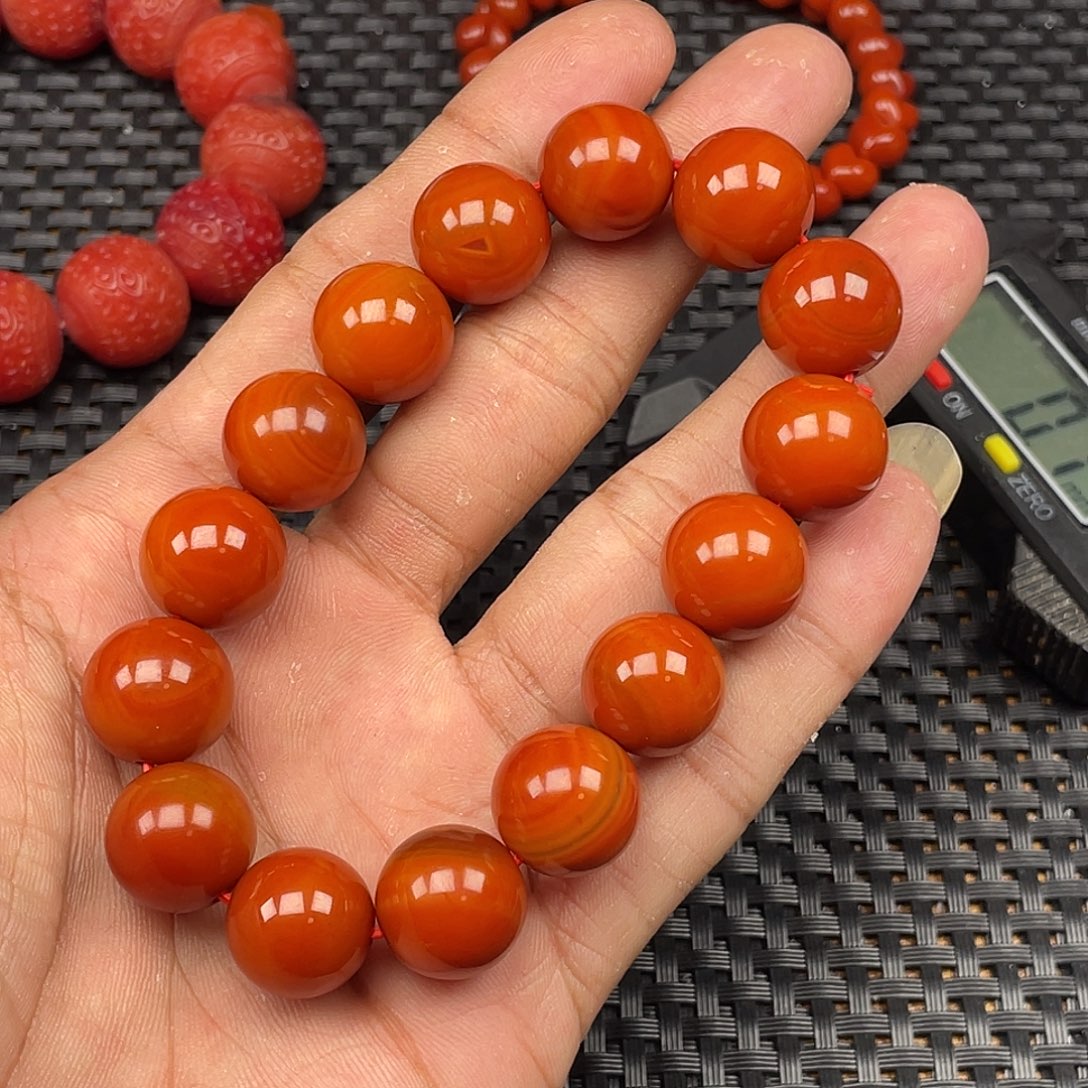 南红玛瑙未镶嵌瓦西柿子红圆珠手串卡14