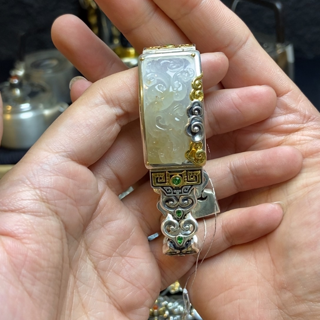 翡翠手链银S925镶嵌太*金s925银翡翠饰品