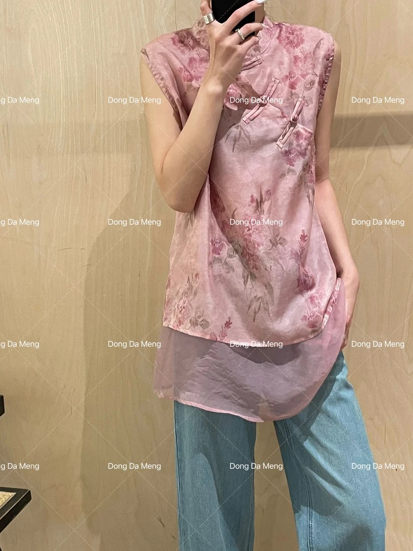 1383新中式国风立领盘扣提花显瘦气质百搭无袖上衣