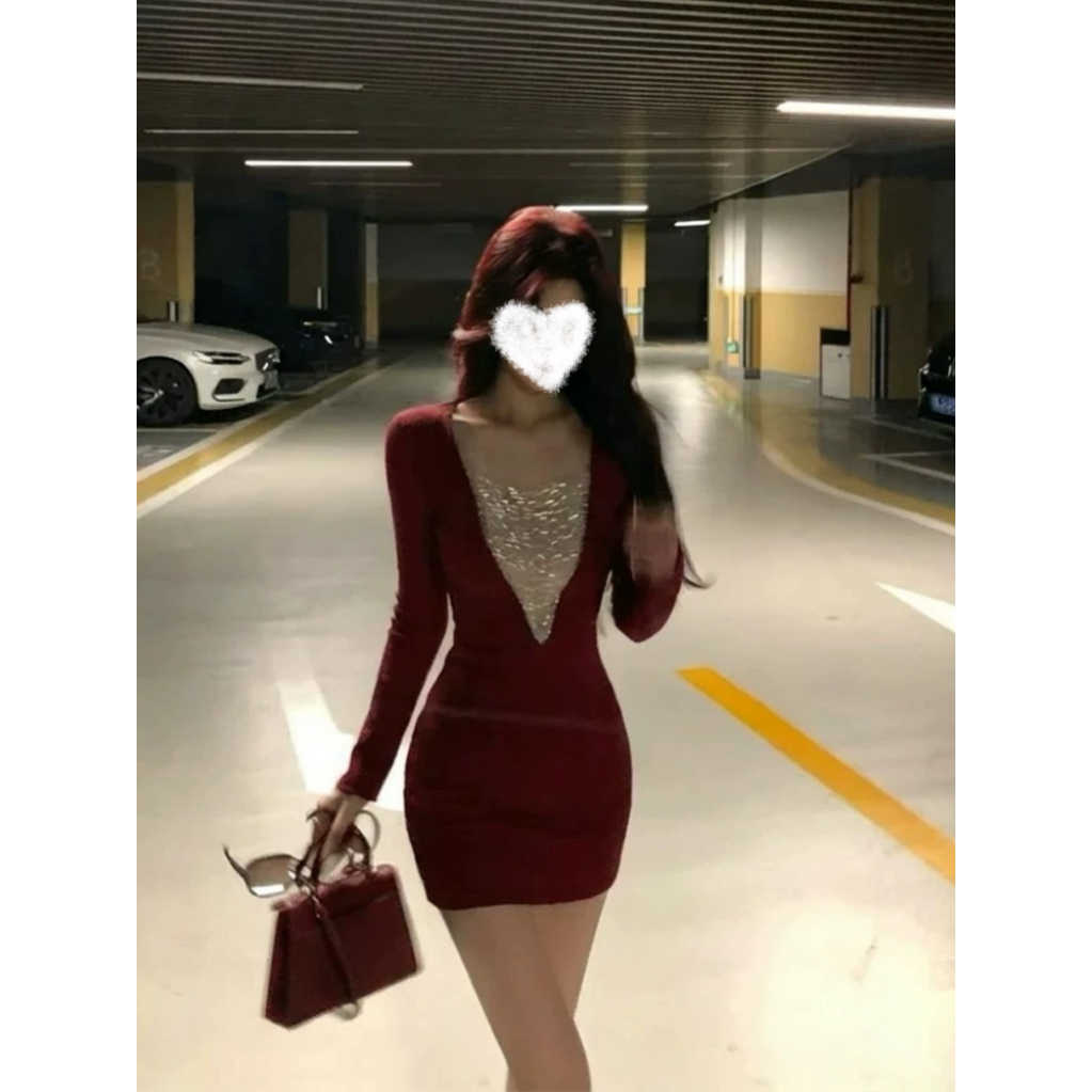 【晚宴轻奢】设计感重工珠链拼接长袖收腰显瘦包臀连衣裙K261