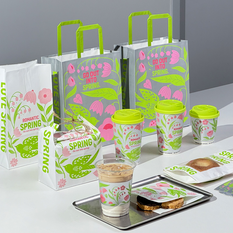 春天咖啡杯子一次性奶茶杯冷热饮带盖商用定制外卖外带打包双杯托