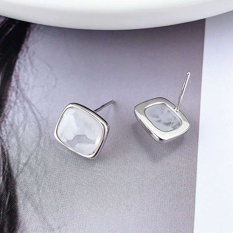 足银合成锆石耳饰 S999方形猫眼石耳钉简约轻奢冷淡文艺气质