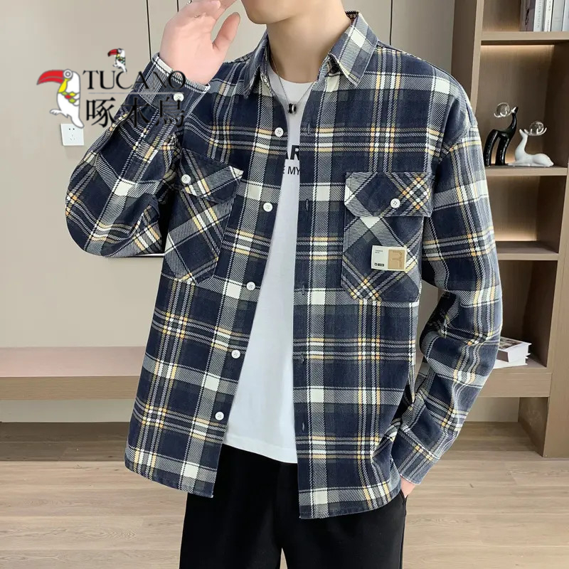 啄木鸟衬衫工装男秋季新款青少年学生上衣服潮流百搭休闲格子外套