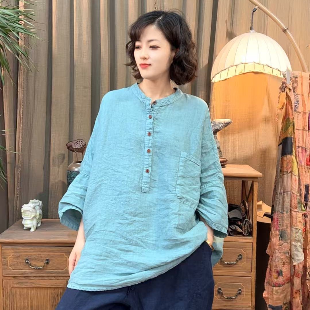 栖木   新款25117夏季麻衣中袖衬衫上衣（衣长75）显瘦百搭中长款