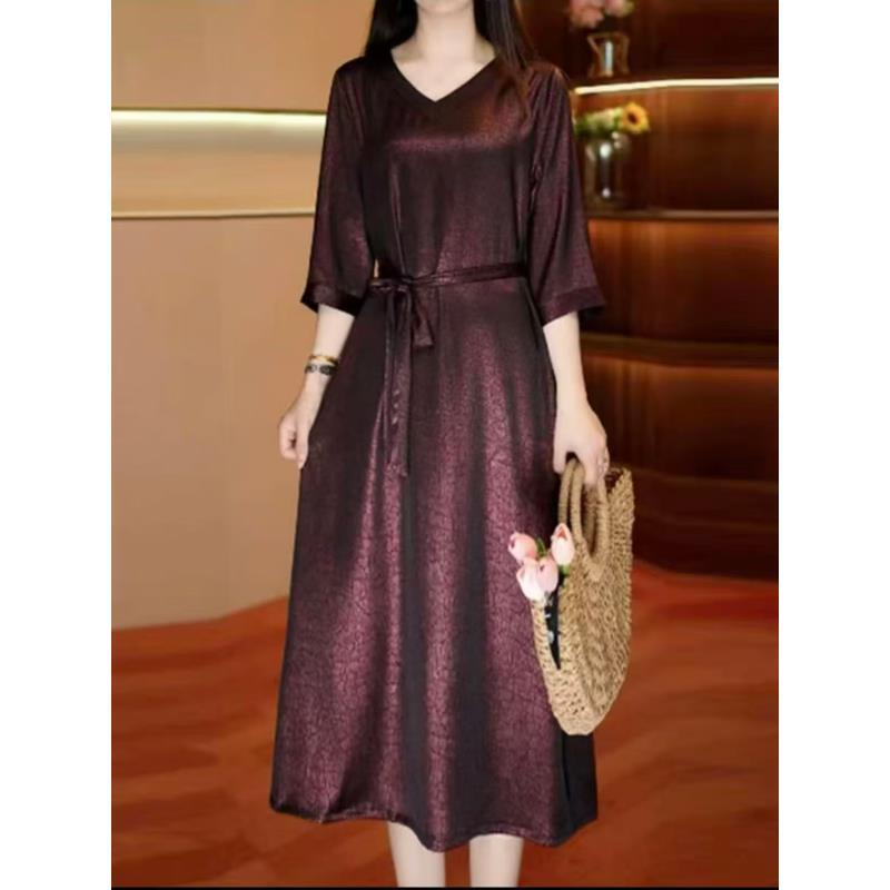 [小老弟】紫金重磅龟裂纹显瘦气质连衣裙时尚优雅修身裙国风百搭